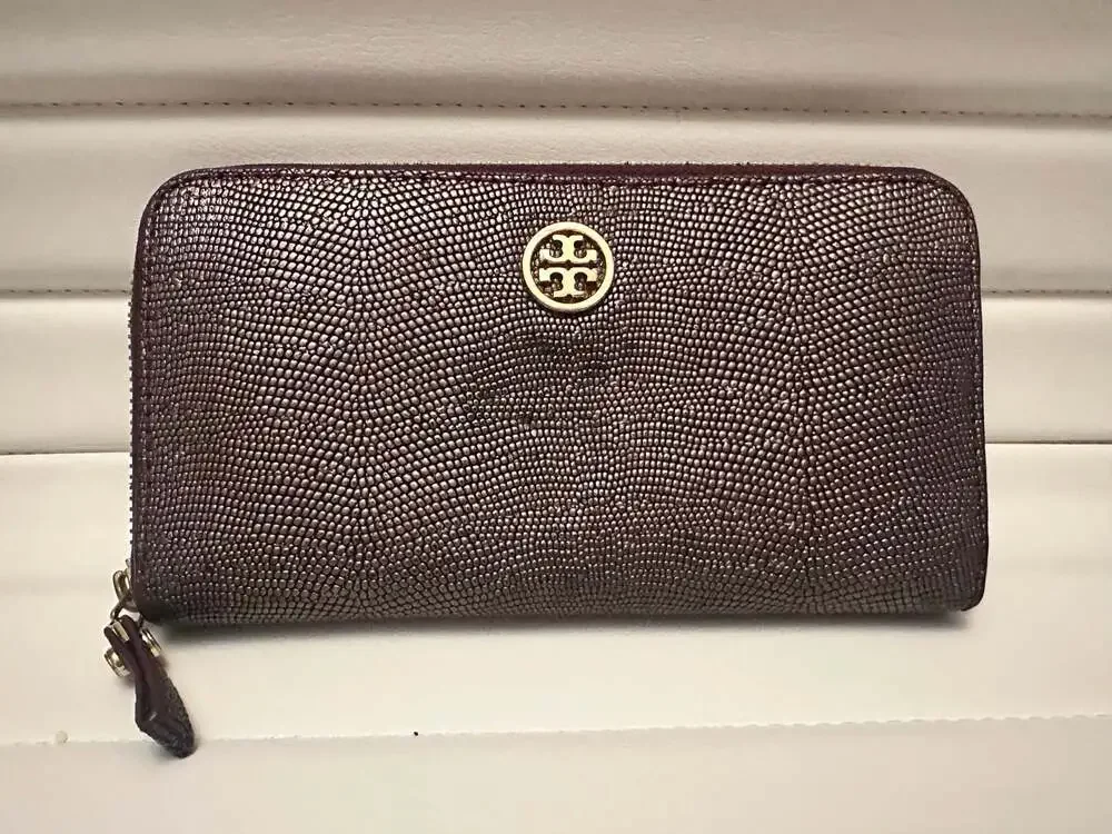 Tory Burch Metallic Purple Textured Leather Zip Around Continental Wallet